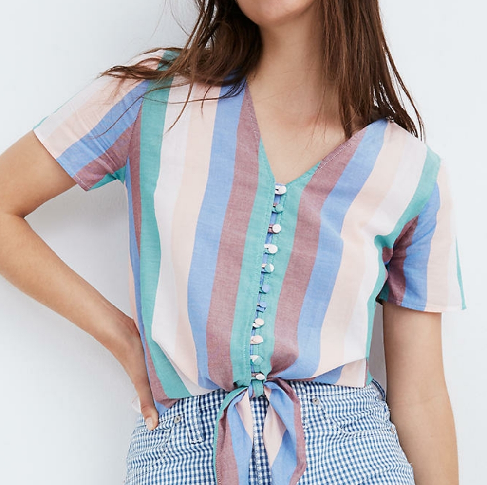 Madewell Petite Novel Tie-Front Button Top in Flagstaff Stripe PS